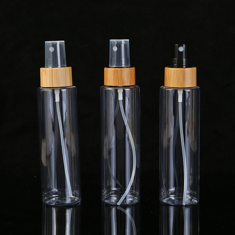 Body Material PET 100ml 120ml 250ml Empty Clear Plastic Bottle with Fine Mist Bamboo Black Sprayer for Cosmetic Packaging