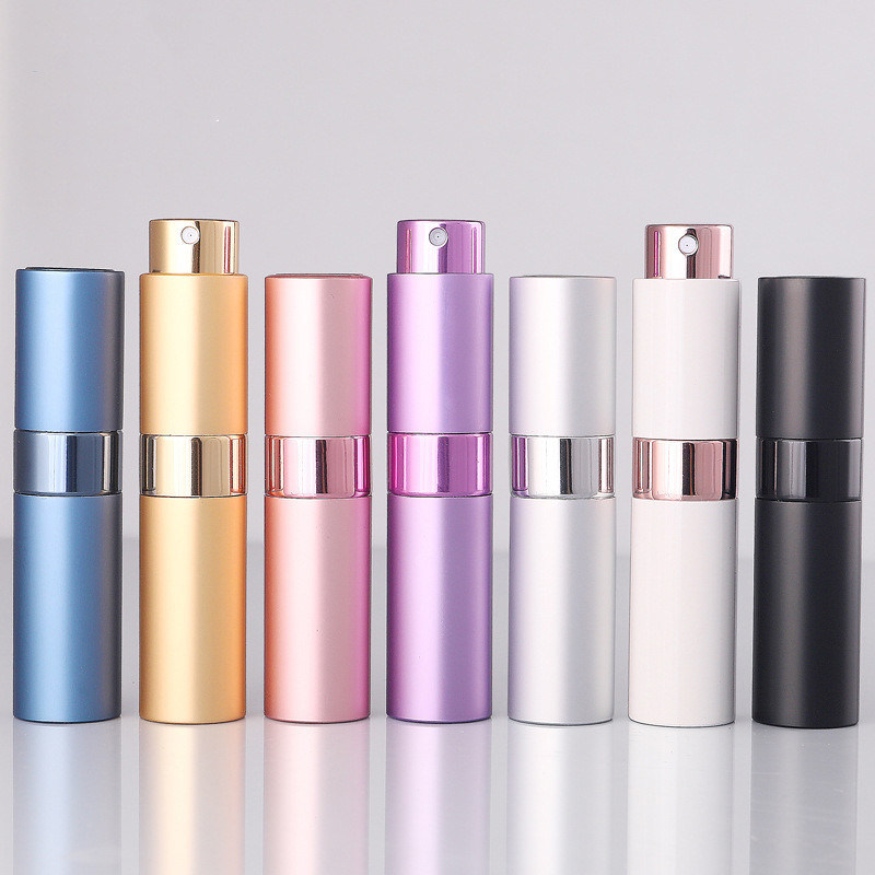 Aluminum Collar 5ml 8ml 10ml Mini Empty Sample Vials Glass Spray Perfume Bottle with Glass Laser Engraved Surface and Box